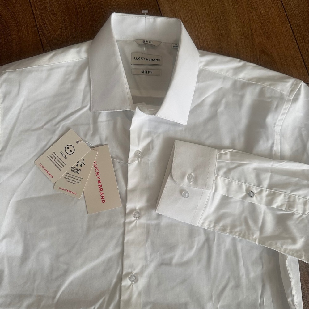Lucky Brand Mens Slim Fit Stretch Dress Shirt White Moisture Wicking NEW